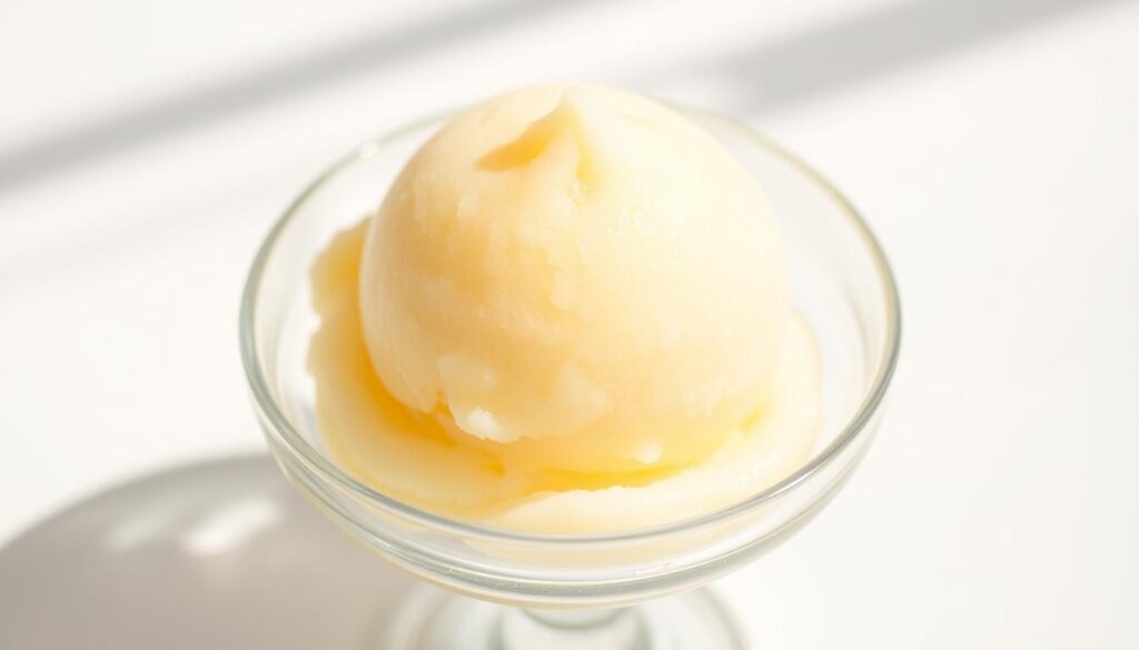 A delicate, creamy lemon sherbet sits atop a glass dish, glistening with a hint of golden hue. The smooth, sorbet-like texture is framed by a crisp white background, highlighting its refreshing and zesty qualities. Soft natural lighting casts a warm glow, accentuating the vibrant lemon color and creating a delightful summer ambiance. The sherbet appears to be freshly scooped, with a slight swirl in the center, inviting the viewer to indulge in this cool, tangy delight. The overall composition exudes a sense of simplicity and elegance, perfectly capturing the essence of a homemade lemon sherbet recipe.