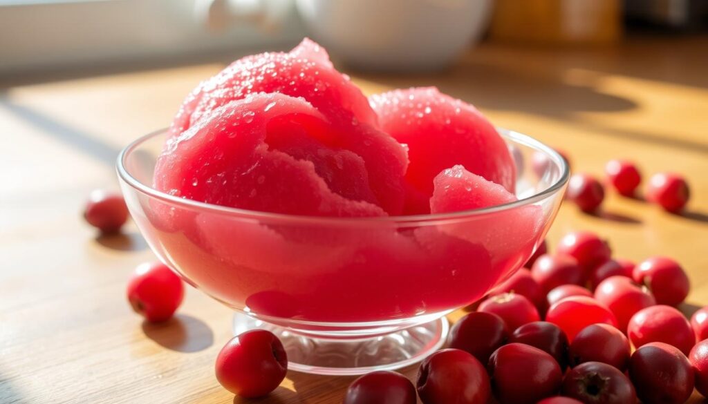 A delicate, pastel-hued cranberry sorbet, its vibrant crimson hue softened by the gentle light of a sun-dappled kitchen. The sorbet's smooth, glossy surface reflects the warm tones of the wooden countertop, while delicate ice crystals dance across the surface, hinting at its refreshing, tart flavor. The sorbet is presented in a simple, elegant glass dish, allowing its natural beauty to shine. Surrounding the dish, a scattering of fresh cranberries in varying shades of red and pink, their plump forms and glistening skins adding a touch of rustic charm. The overall scene conveys a sense of tranquility and culinary artistry, perfectly capturing the essence of the "Step-by-Step Cranberry Sorbet Instructions" section.