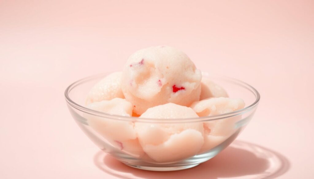 A delightful, dairy-free sherbet dessert in a clear glass bowl, set against a soft, pastel-colored background. The sherbet has a creamy, smooth texture and a vibrant, fruity color, perhaps hints of lemon or raspberry. Gentle side lighting illuminates the dessert, casting soft shadows and giving it a warm, inviting glow. The glass bowl reflects the sherbet's hue, creating a visually appealing presentation. The overall scene conveys a sense of freshness, simplicity, and a healthier, more natural approach to indulging in a sweet treat.