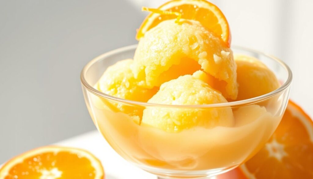 A delightful no-sugar orange sherbet, freshly churned with a vintage ice cream maker. The vibrant orange sorbet glistens under warm sunshine, scooped into a clear glass bowl. Delicate wisps of citrus zest adorn the surface, complementing the rich, creamy texture. Sliced orange segments add a refreshing burst of natural sweetness. Crisp white background emphasizes the sherbet's alluring color and elegant simplicity. Soft, diffused lighting casts gentle shadows, creating a soothing, summertime ambiance. The overall scene invites you to savor each cool, tangy spoonful on a hot day.