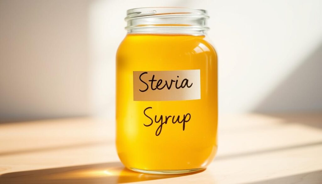 A glass jar filled with a clear, golden-hued liquid, bathed in soft, natural lighting. The jar's label displays the words "Stevia Simple Syrup" in a simple, elegant font. The liquid's surface reflects the warm glow, creating a visually appealing and inviting presentation. The scene is set against a clean, minimalist background, emphasizing the simplicity and purity of the syrup. The overall mood is one of health, wellness, and a touch of refinement, perfectly capturing the essence of a "Basic Stevia Simple Syrup Recipe".