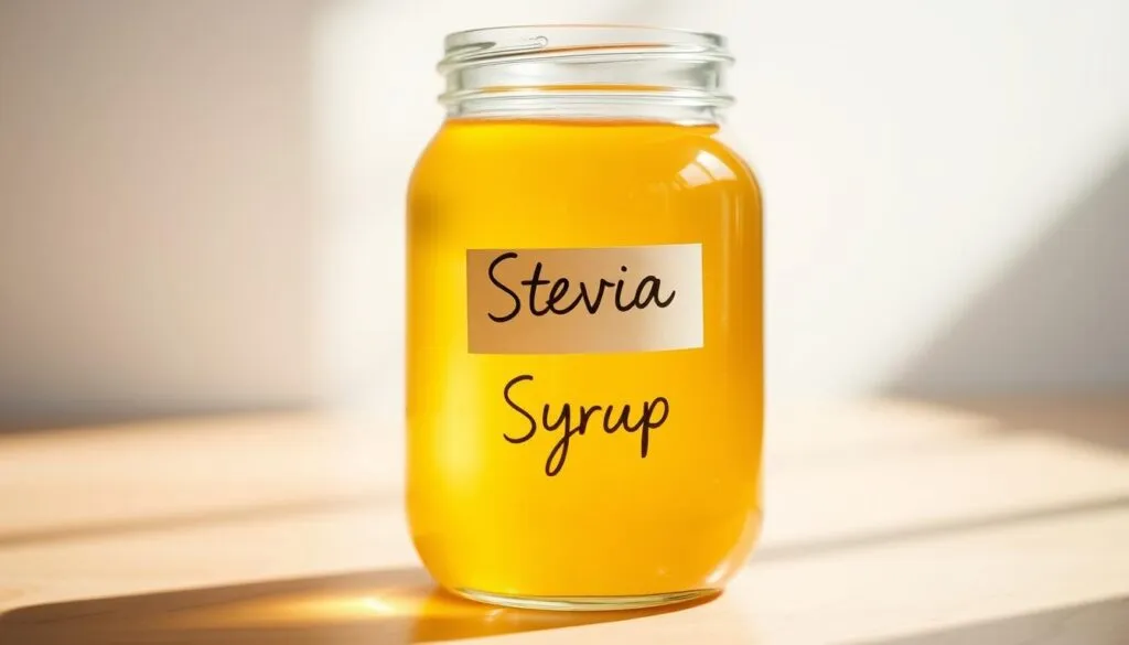 A glass jar filled with a clear, golden-hued liquid, bathed in soft, natural lighting. The jar's label displays the words "Stevia Simple Syrup" in a simple, elegant font. The liquid's surface reflects the warm glow, creating a visually appealing and inviting presentation. The scene is set against a clean, minimalist background, emphasizing the simplicity and purity of the syrup. The overall mood is one of health, wellness, and a touch of refinement, perfectly capturing the essence of a "Basic Stevia Simple Syrup Recipe". A glass jar filled with a clear, golden-hued liquid, bathed in soft, natural lighting. The jar's label displays the words "Stevia Simple Syrup" in a simple, elegant font. The liquid's surface reflects the warm glow, creating a visually appealing and inviting presentation. The scene is set against a clean, minimalist background, emphasizing the simplicity and purity of the syrup. The overall mood is one of health, wellness, and a touch of refinement, perfectly capturing the essence of a "Basic Stevia Simple Syrup Recipe".