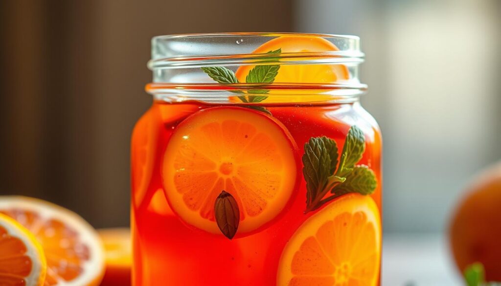 A glass jar filled with vibrant, translucent fruit syrup, its rich hues casting a warm glow. Sliced citrus fruits, like oranges and lemons, float within, complemented by sprigs of fresh mint. The lighting is soft and diffused, creating a dreamy, appetizing atmosphere. The jar is photographed from a slightly low angle, highlighting the enticing layers of the syrup. The composition is balanced and inviting, beckoning the viewer to imagine the syrup's sweet, tangy flavor and its versatile applications in cocktails, desserts, and beyond.