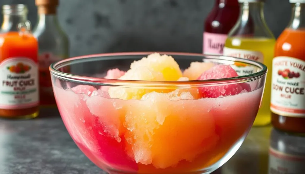 A gleaming, glass-rimmed bowl filled with vibrant, neon-hued snow cone syrups, each a distinct, jewel-toned shade. Bottles of homemade fruit purees, extracts, and natural sweeteners line the background, hinting at the customizable flavor possibilities. Soft, diffused lighting casts a warm, inviting glow, highlighting the luscious, syrupy textures. The scene exudes a sense of artisanal craftsmanship and the allure of DIY shaved ice treats, perfectly capturing the essence of "Tips for Perfect Homemade Shaved Ice Syrup".