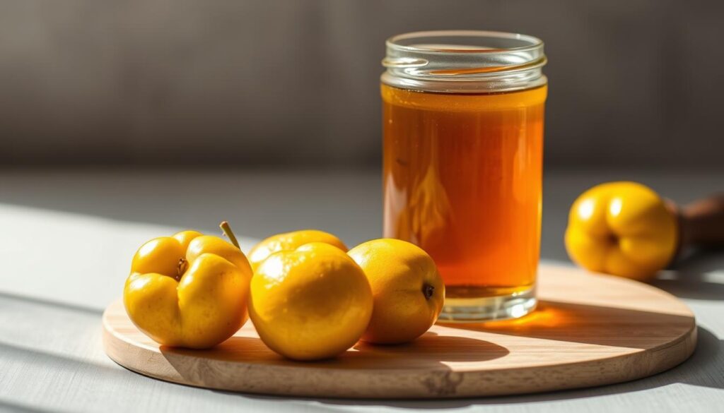 A strikingly simple still life, captured in soft, natural light. In the foreground, an assortment of the key ingredients for monk fruit simple syrup: a few plump, golden-green monk fruits, their vibrant skin glistening, alongside a glass jar filled with a viscous, amber-colored liquid - the freshly made syrup. In the middle ground, a simple wooden cutting board or surface, the textures of the wood grain visible. Behind, a neutral, slightly blurred background, allowing the ingredients to take center stage, their simplicity and purity the focus. The overall mood is one of rustic elegance, inviting the viewer to imagine the flavors and aromas of this homemade delight.