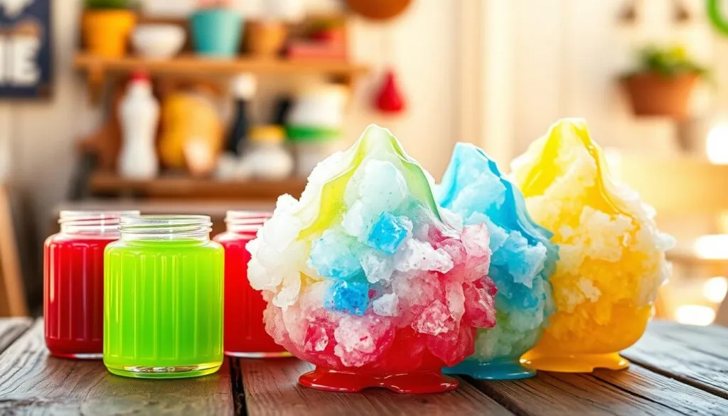 A vibrant array of classic snow cone flavors, meticulously arranged on a rustic wooden surface. In the foreground, an assortment of shimmering syrups in jewel-toned hues - cherry red, lime green, electric blue, and sunny yellow. The middle ground features a trio of snow cones, their fluffy, finely shaved ice contrasting with the bold, transparent syrups cascading over them. The background is softly blurred, suggesting a cozy, inviting atmosphere, perhaps a quaint neighborhood shaved ice stand or a backyard summertime gathering. The scene is lit by natural, warm sunlight, casting gentle shadows and highlights that accentuate the textures and colors. The overall mood is one of nostalgia, playfulness, and the irresistible allure of these classic, refreshing treats.