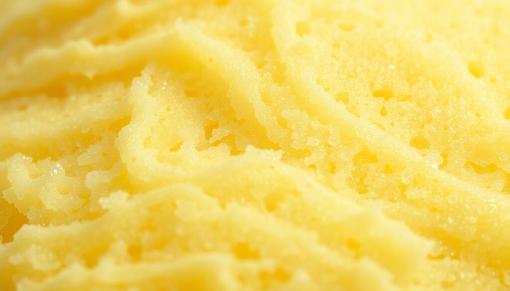 A vibrant, close-up view of a sherbet texture, captured with a macro lens in soft, natural lighting. The surface displays a delicate, rippling pattern of pastel swirls in shades of lemon, lime, and orange, creating a refreshing, almost effervescent appearance. The texture is smooth yet subtly granular, suggesting a light, airy consistency. The lighting casts gentle shadows that accentuate the three-dimensional quality of the sherbet, making it appear both creamy and crystalline. The overall mood is one of lightness, sweetness, and a hint of playfulness, perfectly capturing the essence of this unique frozen treat.