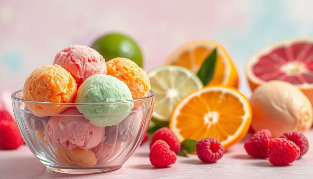 A vibrant still life capturing a delightful array of fruit sherbet flavors. In the foreground, a glass bowl overflows with a colorful medley of scoops in shades of pink, orange, green, and purple, each one radiating a soft, inviting glow. The middle ground features an assortment of fresh fruits - sliced limes, juicy oranges, and plump raspberries - artfully arranged to complement the sherbet's hues. The background is a soft, pastel-tinted backdrop, creating a dreamlike, atmospheric setting that emphasizes the sherbet's delicate, refreshing nature. Warm, diffused lighting from an off-camera source casts a warm, inviting glow over the entire scene, heightening the sense of indulgence and delight.