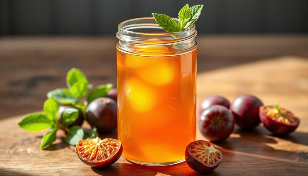 A well-lit, high-resolution photograph of a glass jar filled with a clear, amber-colored monk fruit simple syrup. The jar is placed on a wooden table, with a few fresh monk fruits and sprigs of mint leaves arranged artfully around it. The lighting is soft and natural, casting gentle shadows and highlighting the texture of the ingredients. The focus is sharp, drawing the viewer's attention to the intricate details of the syrup's color and consistency. The overall mood is calm and inviting, perfectly capturing the essence of a homemade, wholesome recipe.