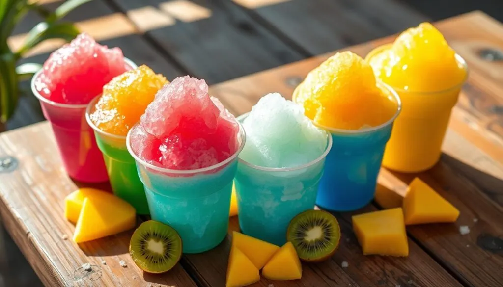 Colorful shaved ice cups, their icy surfaces glistening in the warm sunlight, arranged artfully on a rustic wooden table. The cups come in a vibrant spectrum of hues - fuchsia, lime green, azure blue, and sunny yellow - each one a captivating display of color. A scattering of fresh tropical fruits - pineapple, mango, and kiwi - add pops of natural sweetness and texture. The lighting is soft and diffused, casting gentle shadows that accentuate the cups' elegant silhouettes. The overall scene conveys a sense of refreshing, summertime delight - a visually enticing way to serve and present homemade shaved ice creations.