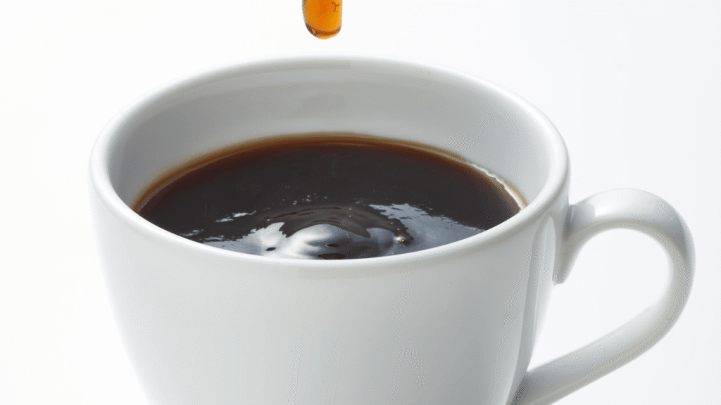 A close-up shot of a glass container filled with a thick, glossy, and deep brown coffee syrup. The syrup glistens under warm, directional lighting that casts gentle shadows, highlighting its rich, velvety texture. The container is positioned on a wooden surface, creating a rustic, cozy atmosphere. The background is softly blurred, allowing the syrup to take center stage and draw the viewer's attention to its alluring, decadent appearance, inviting them to imagine the delightful ways it could be used to elevate their coffee experience. Creative Ways to Use Your Shelf Stable Coffee Syrup Recipe