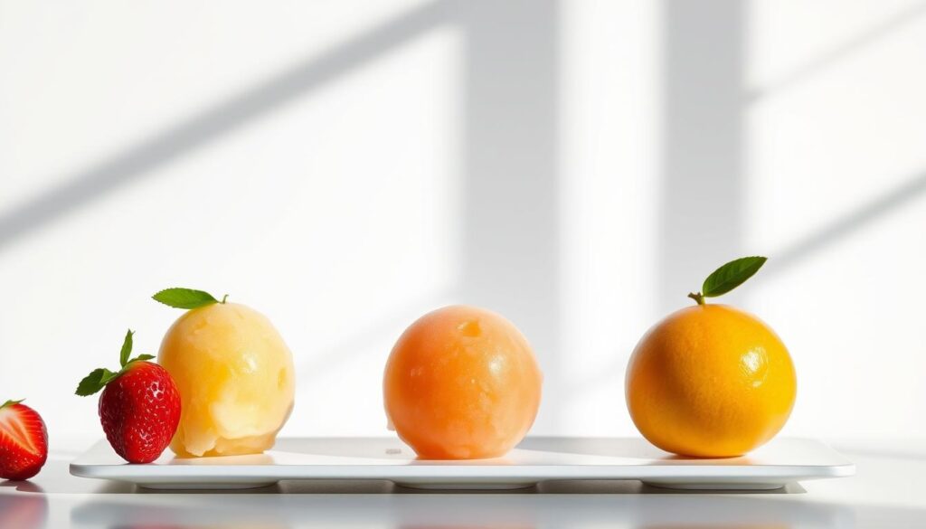 Delectable sugar-free sorbet flavors, presented with vibrant clarity on a sleek, modern display. Luscious strawberry, zesty lime, and refreshing mango sorbets glisten under natural light, casting soft shadows against a clean, minimalist backdrop. The textures evoke a velvety, dense creaminess, belying their lack of added sugars. A crisp, airy atmosphere pervades the scene, capturing the essence of a guilt-free, flavor-packed treat perfect for sultry summer days. Careful framing and depth of field draw the viewer's eye to the enticing array of vibrant hues and inviting shapes, inviting a taste of these delightful, healthier sorbet alternatives.