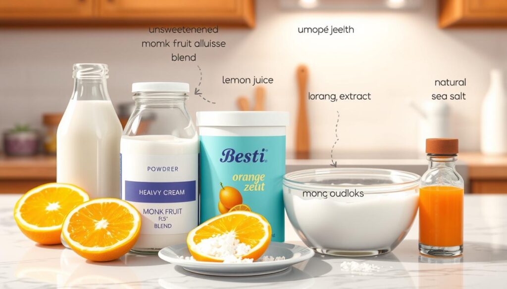 Image of unsweetened almond milk, heavy cream, Besti Powdered Monk Fruit Allulose Blend, orange extract, orange zest, lemon juice, sea salt, and natural orange food coloring.