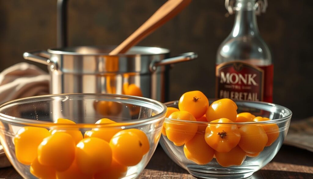 Masterfully lit still life of the essential equipment for making monk fruit simple syrup at home. In the foreground, a glass bowl filled with freshly harvested monk fruit, gleaming under warm, golden light. In the middle ground, a stainless steel saucepan and a sturdy wooden spoon, ready to gently simmer the fruit. In the background, a vintage glass bottle, its label promising the sweet, aromatic result of this homemade process. The overall scene exudes a sense of rustic elegance, inviting the viewer to gather these simple tools and embark on a flavorful culinary journey.
