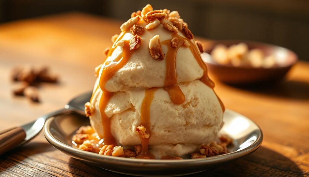 A beautifully crafted homemade frozen pudding ice cream dessert, its creamy texture and rich, indulgent flavor captured in a close-up shot. The frozen treat, adorned with a drizzle of caramel and a sprinkling of crushed nuts, sits atop a wooden table, bathed in warm, soft lighting that highlights its artisanal presentation. The image conveys a sense of homemade comfort and the perfect indulgence for a cozy, intimate gathering.