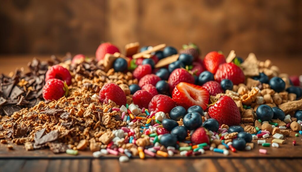 A bountiful assortment of tempting dessert mix-ins arranged against a warm, rustic background. In the foreground, a vibrant medley of chocolate shavings, crushed graham crackers, chopped nuts, and colorful sprinkles spill across a wooden surface, inviting the viewer to indulge. The middle ground features a scattering of plump, juicy berries - ripe raspberries, blueberries, and strawberries - their vibrant hues and glistening textures adding depth and visual interest. In the background, a soft, hazy light creates a cozy, intimate atmosphere, highlighting the rich, indulgent nature of the scene. Captured with a wide-angle lens and soft, diffused lighting, this image evokes a sense of decadence and the promise of delicious, custom-tailored frozen desserts.