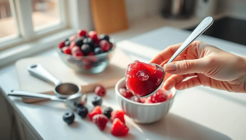 A bright, airy kitchen counter with a cutting board, a bowl of vibrant frozen berries, and a stainless steel ice cream scoop. Soft, natural lighting from a nearby window casts a warm glow, highlighting the glossy texture of the frozen fruit. In the foreground, slender fingers carefully scoop the berries, their deep purple and red hues contrasting beautifully against the white background. The scene exudes a sense of mindful preparation, as if capturing the first step in a delightful sorbet-making process. The overall mood is one of culinary inspiration and the promise of a refreshing, homemade treat.