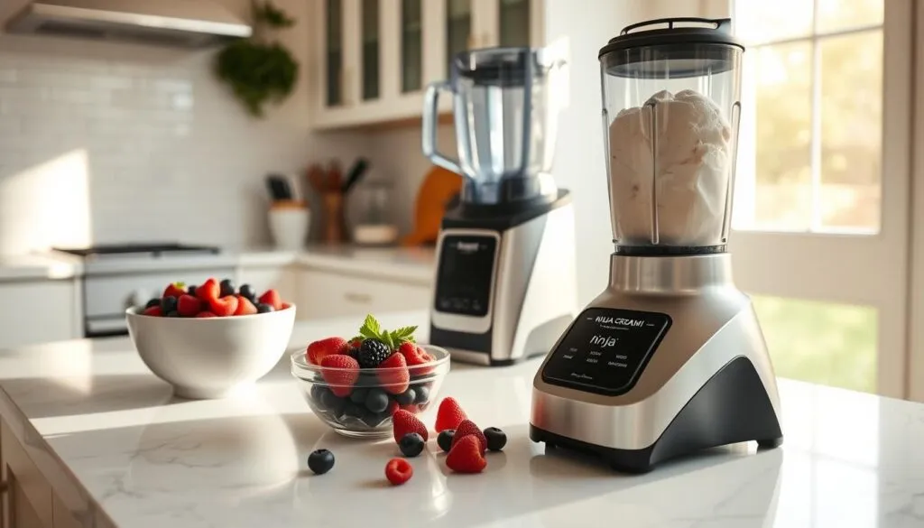 A bright, airy kitchen with natural light streaming in. On the countertop, fresh ingredients are neatly arranged - a bowl of berries, a blender, and a Ninja Creami ice cream maker. The scene exudes a sense of effortless culinary preparation, with a focus on simplicity and efficiency. The camera angle is slightly elevated, capturing the workspace from an overhead perspective to highlight the orderly layout. The lighting is soft and diffused, casting a warm, inviting glow that enhances the vibrant colors of the ingredients. The overall atmosphere conveys the ease and enjoyment of creating a delicious protein-packed ice cream treat.