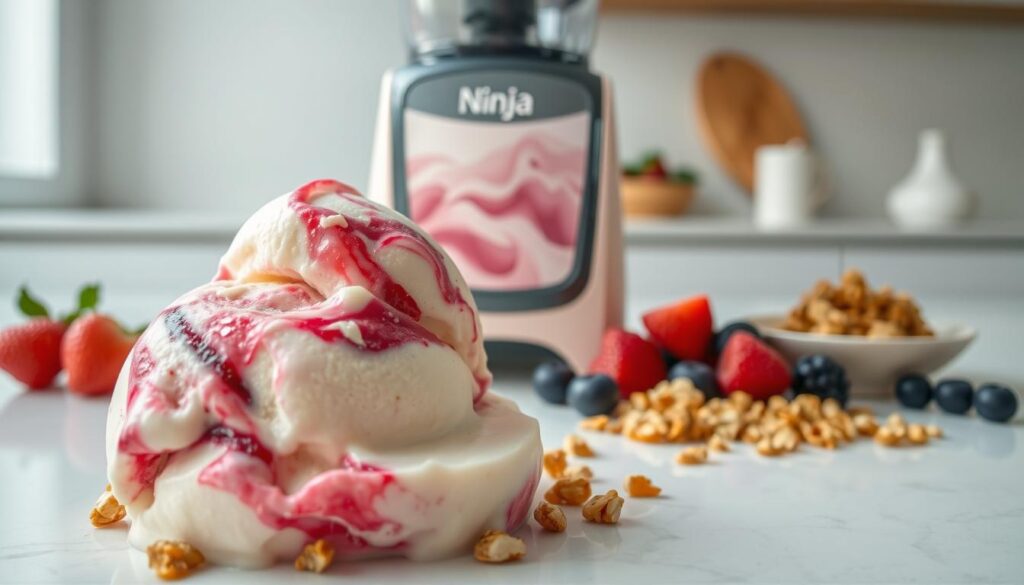 A chilled, creamy, and protein-packed Ninja Creami treat captured in a crisp, appetizing photograph. In the foreground, a scoop of homemade ice cream with a vibrant, fruity swirl and flecks of vanilla bean. Surrounding it, an array of garnishes like fresh berries, chopped nuts, and a sprinkle of crunchy protein granola. The middle ground features the sleek, modern Ninja Creami appliance in a pastel hue, casting a warm glow. In the background, a minimalist kitchen countertop with clean lines and natural textures, adding to the healthy, wholesome atmosphere. Soft, directional lighting illuminates the scene, highlighting the creamy, dense texture of the ice cream and the vibrant colors of the toppings. An inviting, nutritious treat that will energize and delight.