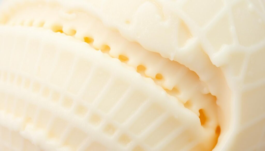 A close-up detailed view of a perfectly smooth and creamy ice cream texture, captured under soft, diffused lighting that highlights the subtle sheen and intricate patterns on the surface. The ice cream appears to have a rich, velvety mouthfeel, with a delicate balance of creaminess and density. The image showcases the optimal texture for a high-quality, artisanal ice cream, providing visual inspiration for the perfect scoops of cantaloupe ice cream.
