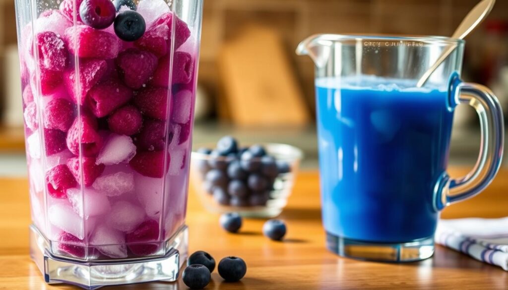 A close-up shot of a homemade blue raspberry slushie preparation process on a wooden kitchen counter. In the foreground, a blender filled with crushed ice, fresh blue raspberries, and a splash of water. Beside it, a glass pitcher with a spoon, showcasing the vibrant blue-violet hue of the finished slushie. In the middle ground, a small bowl of additional blue raspberries and a glass measuring cup. The background is softly blurred, emphasizing the preparation steps. Warm, natural lighting casts a gentle glow, creating an inviting and refreshing atmosphere.