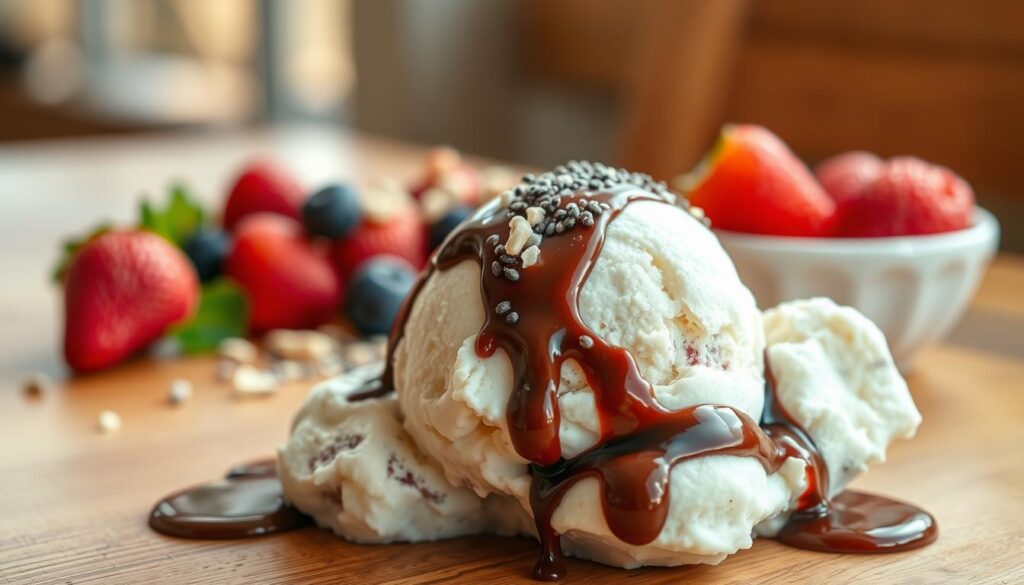 A close-up shot of a protein-infused dessert on a wooden table, bathed in warm, natural lighting. In the foreground, a scoop of creamy, dense ice cream with visible protein flecks and a drizzle of rich chocolate sauce. The middle ground features a variety of fresh berries, chia seeds, and a sprinkling of crushed nuts, creating a visually appealing and nutritious topping. The background is blurred, highlighting the dessert's health benefits and indulgent texture. The overall mood is one of balance, where a decadent treat is elevated by the addition of high-quality protein and superfoods.