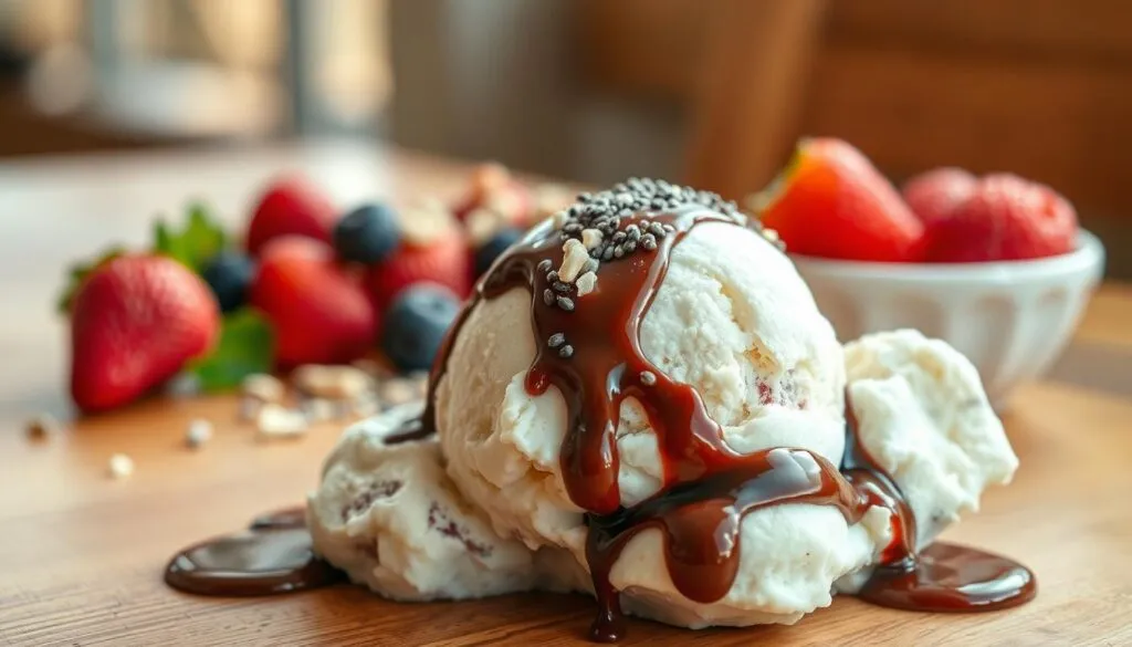 A close-up shot of a protein-infused dessert on a wooden table, bathed in warm, natural lighting. In the foreground, a scoop of creamy, dense ice cream with visible protein flecks and a drizzle of rich chocolate sauce. The middle ground features a variety of fresh berries, chia seeds, and a sprinkling of crushed nuts, creating a visually appealing and nutritious topping. The background is blurred, highlighting the dessert's health benefits and indulgent texture. The overall mood is one of balance, where a decadent treat is elevated by the addition of high-quality protein and superfoods. A close-up shot of a protein-infused dessert on a wooden table, bathed in warm, natural lighting. In the foreground, a scoop of creamy, dense ice cream with visible protein flecks and a drizzle of rich chocolate sauce. The middle ground features a variety of fresh berries, chia seeds, and a sprinkling of crushed nuts, creating a visually appealing and nutritious topping. The background is blurred, highlighting the dessert's health benefits and indulgent texture. The overall mood is one of balance, where a decadent treat is elevated by the addition of high-quality protein and superfoods.
