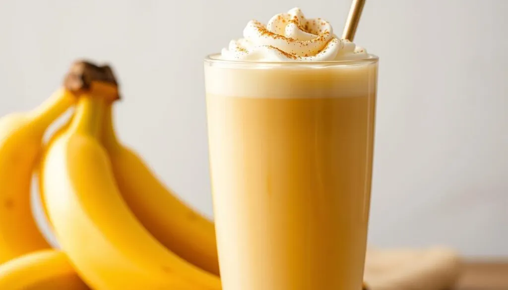 A close-up shot of a tall glass filled with a creamy, smooth banana milkshake. The shake has a rich, golden-yellow hue, topped with a dollop of whipped cream and a sprinkle of ground cinnamon. In the background, a vibrant bunch of fresh bananas, their yellow skins glistening under soft, natural lighting. The scene conveys a sense of health, vitality, and indulgence, perfectly capturing the nutritional benefits and refreshing qualities of this classic banana shake. A close-up shot of a tall glass filled with a creamy, smooth banana milkshake. The shake has a rich, golden-yellow hue, topped with a dollop of whipped cream and a sprinkle of ground cinnamon. In the background, a vibrant bunch of fresh bananas, their yellow skins glistening under soft, natural lighting. The scene conveys a sense of health, vitality, and indulgence, perfectly capturing the nutritional benefits and refreshing qualities of this classic banana shake.