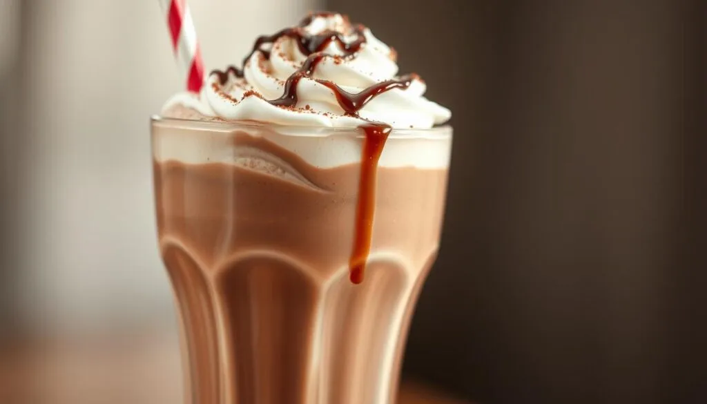 A close-up shot of a thick, creamy chocolate milkshake in a tall glass, garnished with a swirl of whipped cream, a dusting of cocoa powder, and a drizzle of chocolate syrup. The milkshake has a rich, indulgent appearance, with a smooth, glossy texture and a deep, chocolatey hue. The glass is perspiring, indicating a chilled temperature, and is set against a softly blurred background, allowing the milkshake to be the focal point. The lighting is soft and diffused, creating a warm, inviting atmosphere that complements the decadent nature of the dessert.