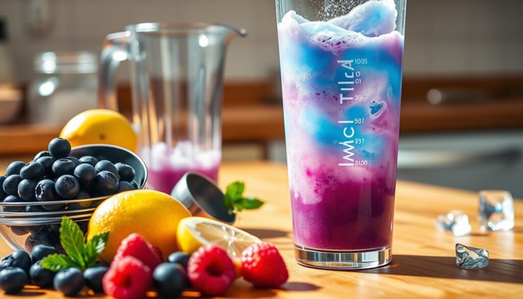 A close-up shot of a wooden kitchen counter, bathed in warm, natural light. In the foreground, an assortment of ingredients for homemade slushie - fresh blueberries, raspberries, and lemons, alongside a glass pitcher, a metal scooper, and a sturdy blender. The middle ground showcases a vibrant blue-and-purple slushie mixture, swirling and ready to be poured into a tall, clear glass. The background features a few stray ice cubes, adding to the refreshing atmosphere. The overall scene exudes a sense of summer, inviting the viewer to imagine the delightful, icy treat.
