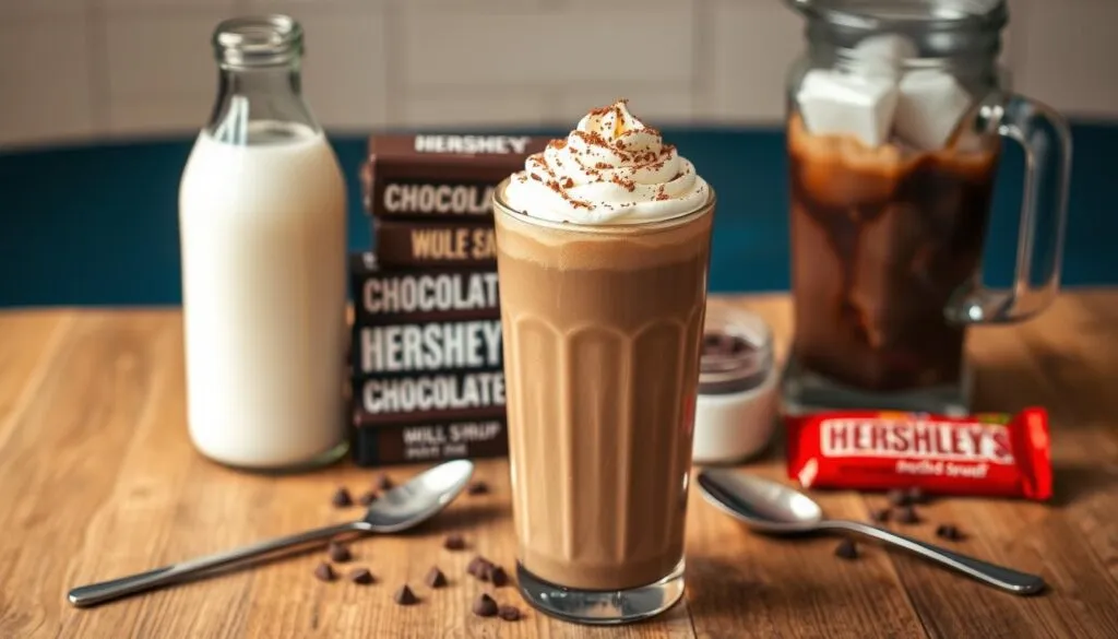 A close-up shot of a wooden table showcasing the essential ingredients for a decadent chocolate milkshake. In the foreground, a tall glass filled with a rich, creamy chocolate shake, topped with a generous swirl of whipped cream and a sprinkling of cocoa powder. Surrounding the glass, neatly arranged ingredients including a glass bottle of whole milk, a stack of Hershey's chocolate bars, a jar of chocolate syrup, a metal spoon, and a blender jar filled with ice cubes. The lighting is soft and warm, creating a cozy, inviting atmosphere. The focus is sharp, drawing the viewer's attention to the mouth-watering details of the milkshake and its components.