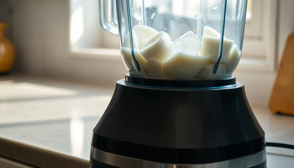 A close-up view of a modern blender on a kitchen countertop, filled with fresh bananas, ice cubes, and a splash of milk. The blender's blades are whirring, blending the ingredients into a smooth, creamy milkshake. Soft, natural lighting from a window illuminates the scene, casting gentle shadows and highlights on the blender's glossy surface. The background is slightly blurred, emphasizing the focus on the blending process. The overall mood is one of culinary preparation and anticipation of a refreshing, homemade banana milkshake. A close-up view of a modern blender on a kitchen countertop, filled with fresh bananas, ice cubes, and a splash of milk. The blender's blades are whirring, blending the ingredients into a smooth, creamy milkshake. Soft, natural lighting from a window illuminates the scene, casting gentle shadows and highlights on the blender's glossy surface. The background is slightly blurred, emphasizing the focus on the blending process. The overall mood is one of culinary preparation and anticipation of a refreshing, homemade banana milkshake.