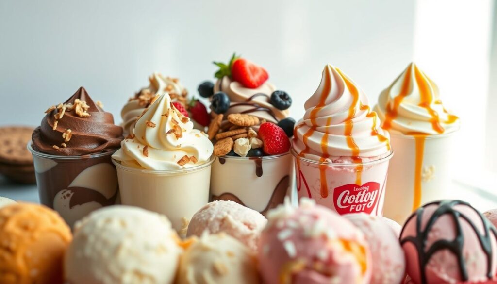 A colorful and creative display of dairy-free dessert flavors, showcasing a range of tempting options. In the foreground, an assortment of scoops in vibrant hues, including rich chocolate, creamy vanilla, tangy lemon, and refreshing strawberry, all made with almond milk. In the middle ground, a variety of toppings and mix-ins, such as toasted coconut flakes, fresh berries, crumbled cookies, and drizzles of caramel and chocolate sauces, add texture and depth. The background features a clean, minimalist backdrop, allowing the desserts to take center stage, illuminated by soft, natural lighting that casts a warm, inviting glow. The overall scene evokes a sense of indulgence and experimentation, inspiring the viewer to explore the endless possibilities of dairy-free desserts.
