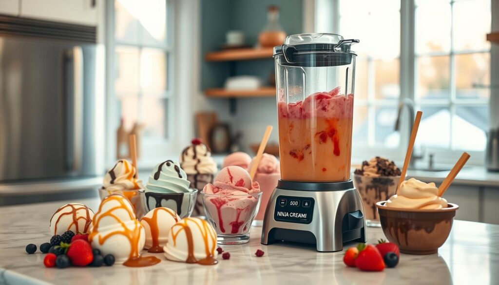 A cozy kitchen setting showcasing an array of homemade frozen desserts. In the foreground, a Ninja Creami blender stands prominently, surrounded by colorful ice cream scoops, fresh berries, and drizzles of chocolate and caramel. The middle ground features a variety of frozen treats, including creamy ice cream, sorbet, and gelato in diverse flavors, all neatly presented on a marble countertop. In the background, a large window floods the scene with warm, natural light, creating a welcoming and inviting atmosphere. The overall mood is one of artisanal craftsmanship, where the Ninja Creami blender takes center stage as the tool that empowers home cooks to create these delightful homemade frozen desserts.