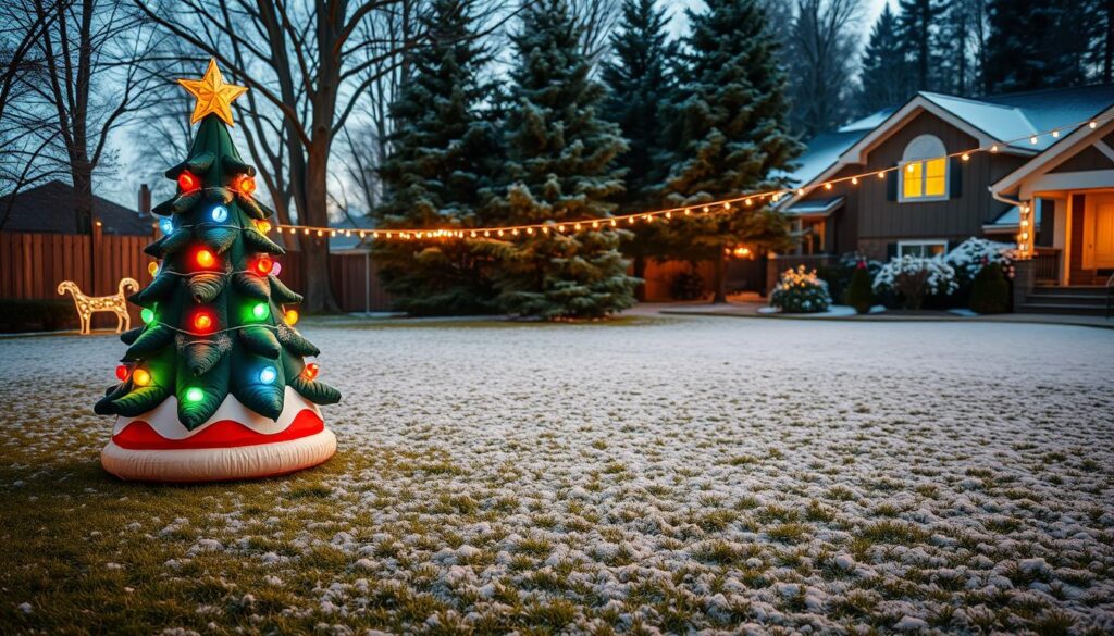 A cozy winter scene in a suburban yard. In the foreground, a whimsical inflatable Christmas tree cake stands proudly, its colorful lights twinkling in the soft evening glow. Surrounding it, a carpet of fresh fallen snow covers the lush green grass. In the middle ground, a row of tall, majestic pine trees sway gently in the cool breeze, their branches dusted with a light layer of powdery white. The background is filled with the warm glow of holiday lights strung across the neighboring houses, creating a festive and inviting atmosphere. The entire scene is bathed in a soft, golden light, captured through the lens of a wide-angle camera, conveying a sense of magic and nostalgia.