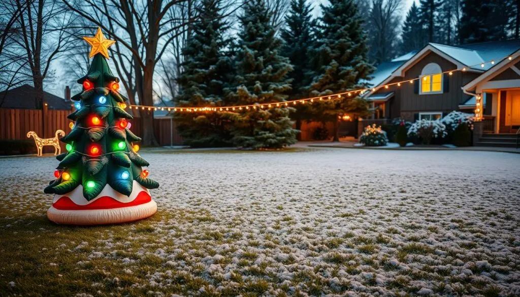 A cozy winter scene in a suburban yard. In the foreground, a whimsical inflatable Christmas tree cake stands proudly, its colorful lights twinkling in the soft evening glow. Surrounding it, a carpet of fresh fallen snow covers the lush green grass. In the middle ground, a row of tall, majestic pine trees sway gently in the cool breeze, their branches dusted with a light layer of powdery white. The background is filled with the warm glow of holiday lights strung across the neighboring houses, creating a festive and inviting atmosphere. The entire scene is bathed in a soft, golden light, captured through the lens of a wide-angle camera, conveying a sense of magic and nostalgia. A cozy winter scene in a suburban yard. In the foreground, a whimsical inflatable Christmas tree cake stands proudly, its colorful lights twinkling in the soft evening glow. Surrounding it, a carpet of fresh fallen snow covers the lush green grass. In the middle ground, a row of tall, majestic pine trees sway gently in the cool breeze, their branches dusted with a light layer of powdery white. The background is filled with the warm glow of holiday lights strung across the neighboring houses, creating a festive and inviting atmosphere. The entire scene is bathed in a soft, golden light, captured through the lens of a wide-angle camera, conveying a sense of magic and nostalgia.