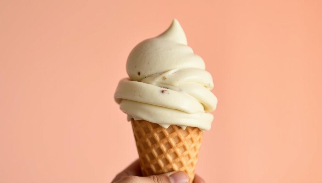 A creamy, dairy-free ice cream scoop sits atop a waffle cone, its smooth and luscious texture glistening under soft, warm lighting. The cone is held in the foreground by a well-manicured hand, framed by a minimalist, pastel-toned background that evokes a modern, clean aesthetic. The ice cream itself is made with a rich, plant-based base, its flavor profile hinted at by subtle flecks and swirls of color. The scene exudes a sense of indulgence and satisfaction, perfectly capturing the experience of enjoying a delightful dairy-free treat.
