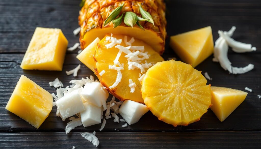 A bright, sunlit kitchen counter with a glass bowl filled with freshly blended pineapple sorbet. The sorbet has a smooth, creamy texture and a vibrant yellow-orange hue. Slices of fresh pineapple are artfully arranged around the bowl, their golden-green hues complementing the sorbet. A metal spoon is partially submerged in the sorbet, hinting at the refreshing treat. The lighting is warm and natural, casting soft shadows and highlights that enhance the textures and colors. The overall scene conveys a sense of summer, freshness, and the satisfaction of homemade dessert.