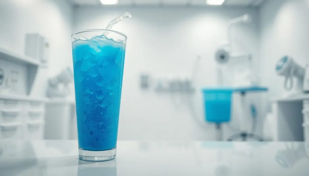 A crystalline blue slushie gently swirls, capturing the light like a frozen sapphire. Droplets cling to the glass, hinting at the refreshing chill within. In the foreground, the beverage is prominently displayed, its vibrant hue and translucent texture inviting closer inspection. The middle ground features a serene medical setting, with clean white surfaces and subtle gray accents, conveying a sense of clinical efficacy. Soft, diffused lighting bathes the scene, creating a calming, therapeutic atmosphere. In the background, a blurred array of medical instruments and equipment suggests the slushie's potential health benefits, hinting at its versatile applications beyond simple refreshment.