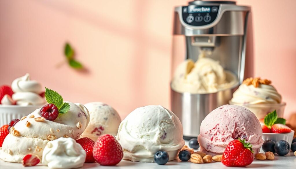 A delectable arrangement of protein-packed ice cream recipes, meticulously crafted to satisfy health-conscious cravings. In the foreground, an array of vibrant, creamy scoops showcasing a variety of nutritious ingredients - from Greek yogurt and whey protein to fresh berries and nuts. The middle ground features a sleek, modern ice cream maker, its gleaming steel and minimalist design hinting at the care and precision behind each frozen treat. In the background, a soft, airy backdrop of pastel hues sets a soothing, wellness-inspired mood, complementing the wholesome nature of the displayed desserts. Warm, directional lighting casts subtle shadows, accentuating the luscious textures and vibrant colors of the protein-infused ice creams.