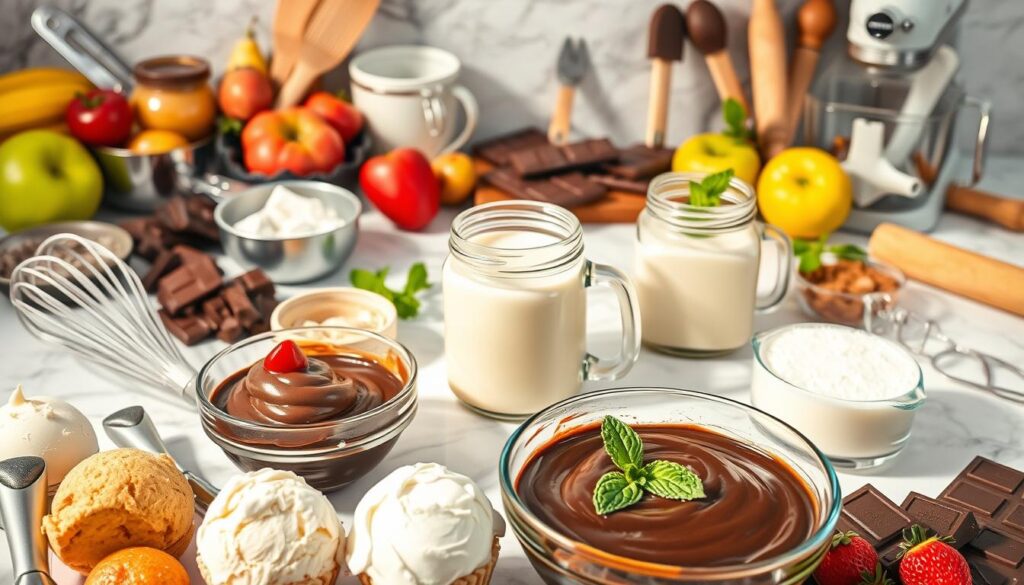 A delectable spread of essential dessert ingredients and tools, bathed in warm, natural lighting. In the foreground, an array of ice cream scoops, whisk, and a glass bowl brimming with rich, velvety chocolate. Surrounding them, a variety of vibrant fruits, decadent chocolate bars, and a collection of baking implements such as measuring cups, a spatula, and a rolling pin. In the middle ground, a glass jar filled with creamy vanilla pudding, flanked by a hand mixer and a sifter. In the background, a marble countertop provides a sleek, sophisticated backdrop, complemented by a few sprigs of mint for a touch of freshness. The overall composition exudes an air of culinary expertise and anticipation, inviting the viewer to indulge in the perfect treat.
