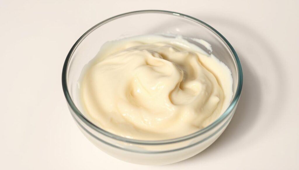 A delectable vanilla ice cream base, glistening with a creamy sheen, rests in a classic glass bowl. The silky smooth texture is accentuated by soft shadows and gentle highlights, creating a sense of depth and dimension. The background is a minimalist white, allowing the luscious vanilla hue to take center stage. Emanating a comforting and inviting aroma, this homemade base is ready to be transformed into a variety of decadent Ninja Creami frozen treats. Captured in a high-resolution, medium-wide angle shot with soft, diffused lighting, this image perfectly showcases the simplicity and elegance of a classic vanilla ice cream foundation.