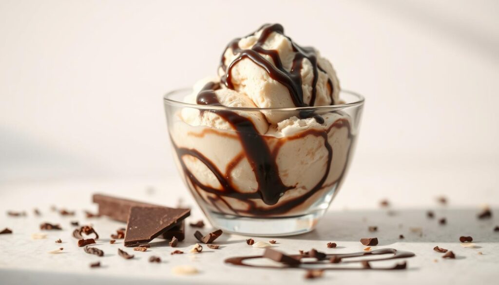 A delicate swirl of rich dark chocolate and creamy vanilla ice cream, frozen in a glass bowl. The dessert is highlighted by a soft, natural lighting that casts warm shadows, creating a cozy and inviting atmosphere. In the foreground, shavings of premium chocolate and specks of vanilla bean are scattered, hinting at the decadent flavors within. The middle ground features a drizzle of dark chocolate sauce, while the background showcases a subtle gradient, transitioning from light to dark, drawing the viewer's eye towards the center of the composition.