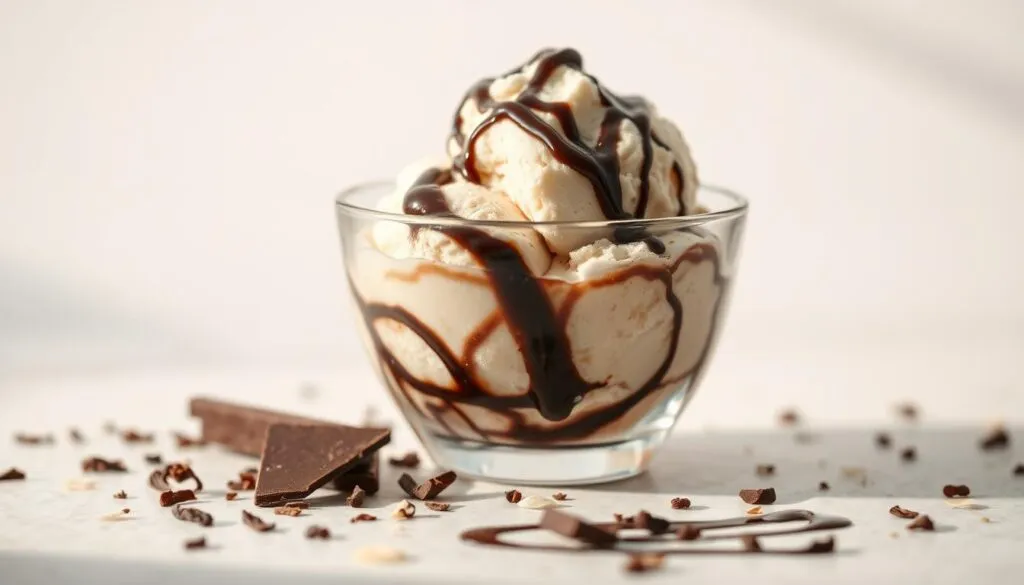 A delicate swirl of rich dark chocolate and creamy vanilla ice cream, frozen in a glass bowl. The dessert is highlighted by a soft, natural lighting that casts warm shadows, creating a cozy and inviting atmosphere. In the foreground, shavings of premium chocolate and specks of vanilla bean are scattered, hinting at the decadent flavors within. The middle ground features a drizzle of dark chocolate sauce, while the background showcases a subtle gradient, transitioning from light to dark, drawing the viewer's eye towards the center of the composition. A delicate swirl of rich dark chocolate and creamy vanilla ice cream, frozen in a glass bowl. The dessert is highlighted by a soft, natural lighting that casts warm shadows, creating a cozy and inviting atmosphere. In the foreground, shavings of premium chocolate and specks of vanilla bean are scattered, hinting at the decadent flavors within. The middle ground features a drizzle of dark chocolate sauce, while the background showcases a subtle gradient, transitioning from light to dark, drawing the viewer's eye towards the center of the composition.