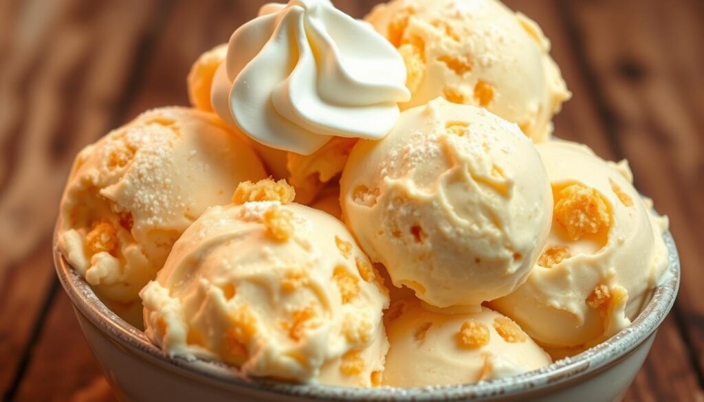 A delightful homemade cake batter ice cream, swirled with rich, buttery vanilla notes and flecks of golden sponge cake crumbs. The creamy, custard-like base is illuminated by soft, warm lighting, creating a mouthwatering, nostalgic scene. The ice cream scoops are arranged artfully, with a dollop of whipped cream and a dusting of powdered sugar for a finishing touch. The background features a rustic wooden surface, accentuating the homestyle charm of this indulgent frozen treat. Captured at a slight angle, the image evokes the comforting flavors and textures of a classic, homemade cake batter ice cream recipe.
