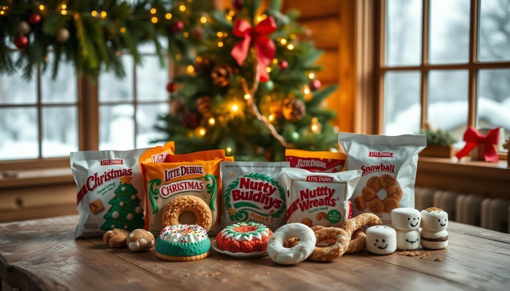 A festive product roundup showcasing an assortment of delightful Little Debbie Christmas treats, arranged on a rustic wooden table with a cozy, holiday-inspired background. In the foreground, neatly displayed are various seasonal snacks, such as Christmas Tree Cakes, Nutty Buddy Wreaths, and Snowball Treats, captured in warm, natural lighting with a soft, shallow depth of field. The middle ground features a garland of fresh evergreens, pine cones, and twinkling string lights, creating a merry and inviting atmosphere. In the background, a window overlooking a snowy winter landscape sets the scene, evoking a sense of festive cheer and nostalgia.