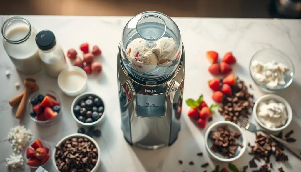 A gleaming chrome ice cream maker stands at the center, its whirring motion captured in a frozen snapshot. Surrounding it, a step-by-step progression unfolds - fresh ingredients artfully arranged, from creamy milk and fragrant vanilla to vibrant berries and rich chocolate shavings. Soft, ambient lighting casts a warm glow, accentuating the texture and depth of each component. The camera angle provides an elevated, bird's-eye view, allowing the viewer to fully immerse themselves in this captivating process of culinary alchemy. Inviting and accessible, this image seamlessly aligns with the "Easy Ninja Creami Recipes: Simple & Delicious" article, showcasing the "Step-by-Step Process for Creating Delicious Treats" in a visually striking and mouthwatering manner.