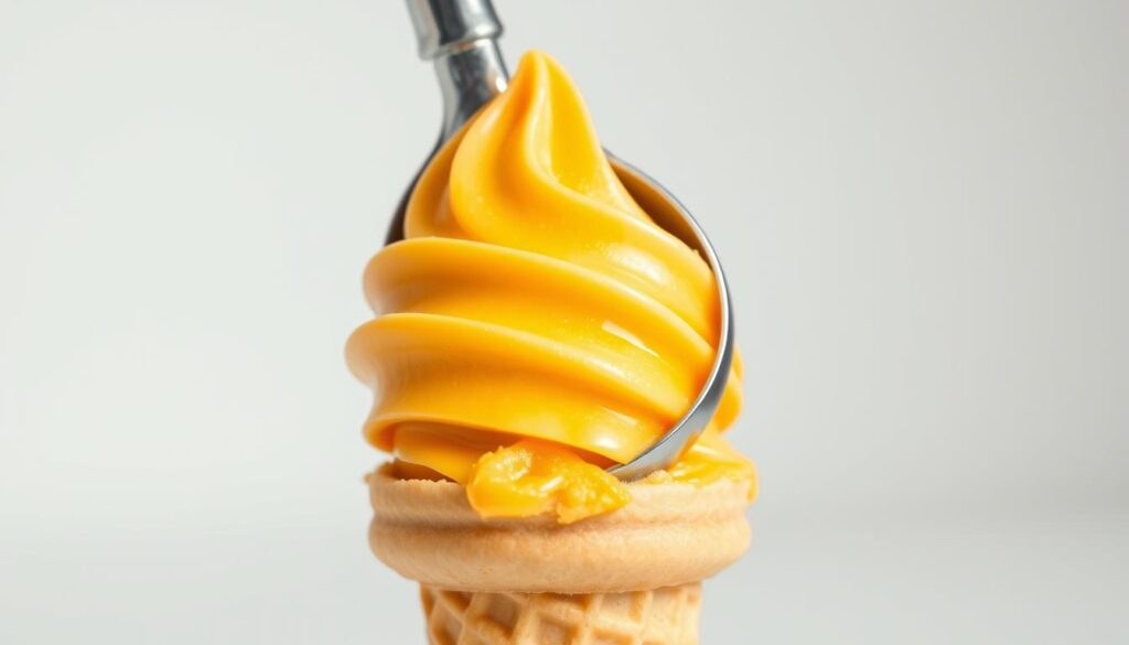 A gleaming chrome ice cream scoop delicately digs into a smooth, creamy scoop of vibrant orange-yellow cantaloupe ice cream. The luscious treat sits atop a crisp, golden waffle cone, its flavor profile hinting at sweet, aromatic melon notes. Soft, diffused lighting casts a warm glow, highlighting the velvety texture and glossy sheen of the ice cream. The scene is set against a minimalist, white backdrop, placing the delectable dessert at the forefront, inviting the viewer to savor its refreshing, summertime delight.