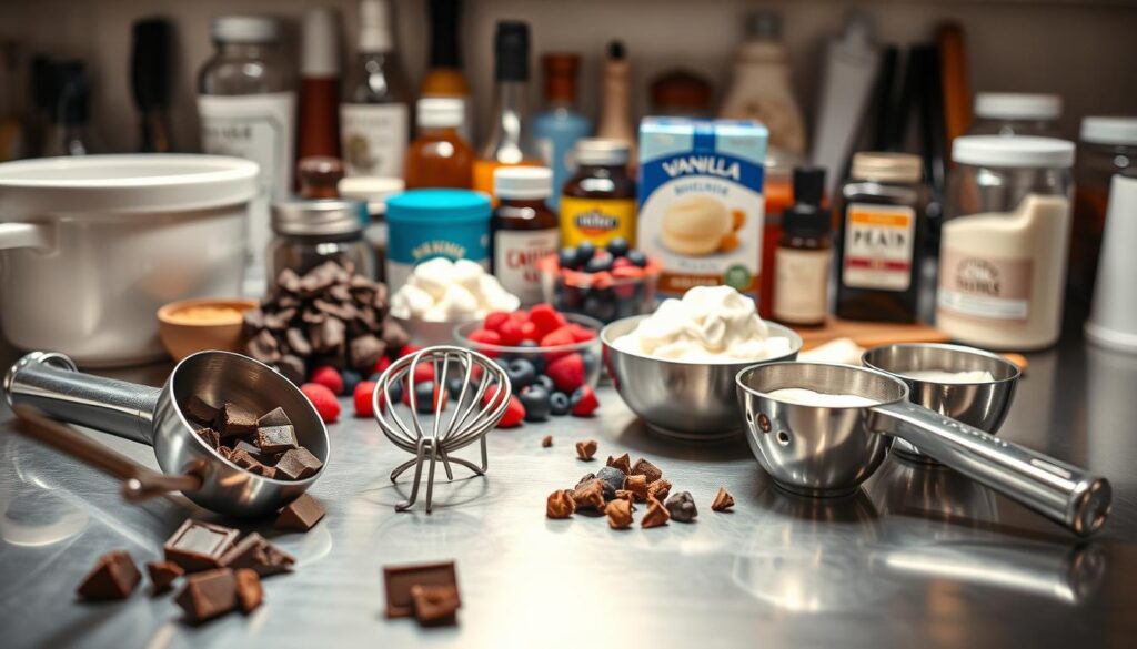 A gleaming stainless steel counter, adorned with an array of essential dessert-making tools. In the foreground, a scoop, whisk, and measuring cups stand at the ready. In the middle ground, various ingredients shine - glossy chocolate chunks, vibrant berries, and a carton of creamy vanilla ice cream. Behind them, a mix of spices, extracts, and sweeteners create a sense of culinary anticipation. Soft, warm lighting casts a cozy glow, hinting at the rich, indulgent frozen pudding to come. The scene exudes a feeling of organized preparation, inviting the viewer to imagine the delectable dessert taking shape.