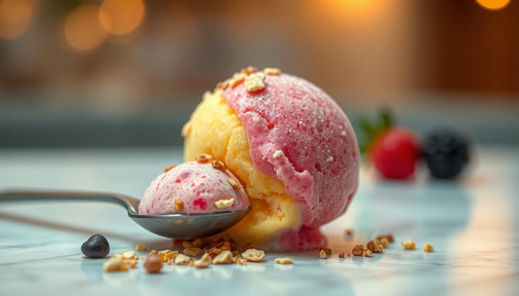 A guilt-free protein dessert, a delightful frozen treat that satisfies cravings without the burden of excess calories. A creamy scoop of protein-infused ice cream, its vibrant colors and smooth texture enticing the senses. Garnished with a sprinkle of nutritious toppings, like chopped nuts or fresh berries, creating a visually appealing and healthful indulgence. Bathed in soft, warm lighting that highlights the dessert's alluring sheen, inviting the viewer to savor each spoonful. Positioned on a sleek, minimalist tabletop, the protein dessert takes center stage, a tempting alternative to traditional sugary sweets.